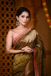 Durva Premium~ Viscose Hand-dyed Rangkaath Saree in Shades of Olive - verymuchindian.com