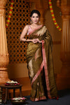 Durva Premium~ Viscose Hand-dyed Rangkaath Saree in Shades of Olive - verymuchindian.com