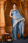 Durva Premium ~ Viscose Hand-dyed Rangkaath Saree with Cut Work Border in Metallic Blue - verymuchindian.com