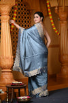 Durva Premium ~ Viscose Hand-dyed Rangkaath Saree with Cut Work Border in Metallic Blue - verymuchindian.com