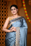 Durva Premium ~ Viscose Hand-dyed Rangkaath Saree with Cut Work Border in Metallic Blue - verymuchindian.com