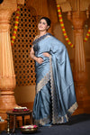 Durva Premium ~ Viscose Hand-dyed Rangkaath Saree with Cut Work Border in Metallic Blue - verymuchindian.com