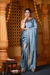 Durva Premium ~ Viscose Hand-dyed Rangkaath Saree with Cut Work Border in Metallic Blue - verymuchindian.com