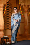 Durva Premium ~ Viscose Hand-dyed Rangkaath Saree with Cut Work Border in Metallic Blue - verymuchindian.com