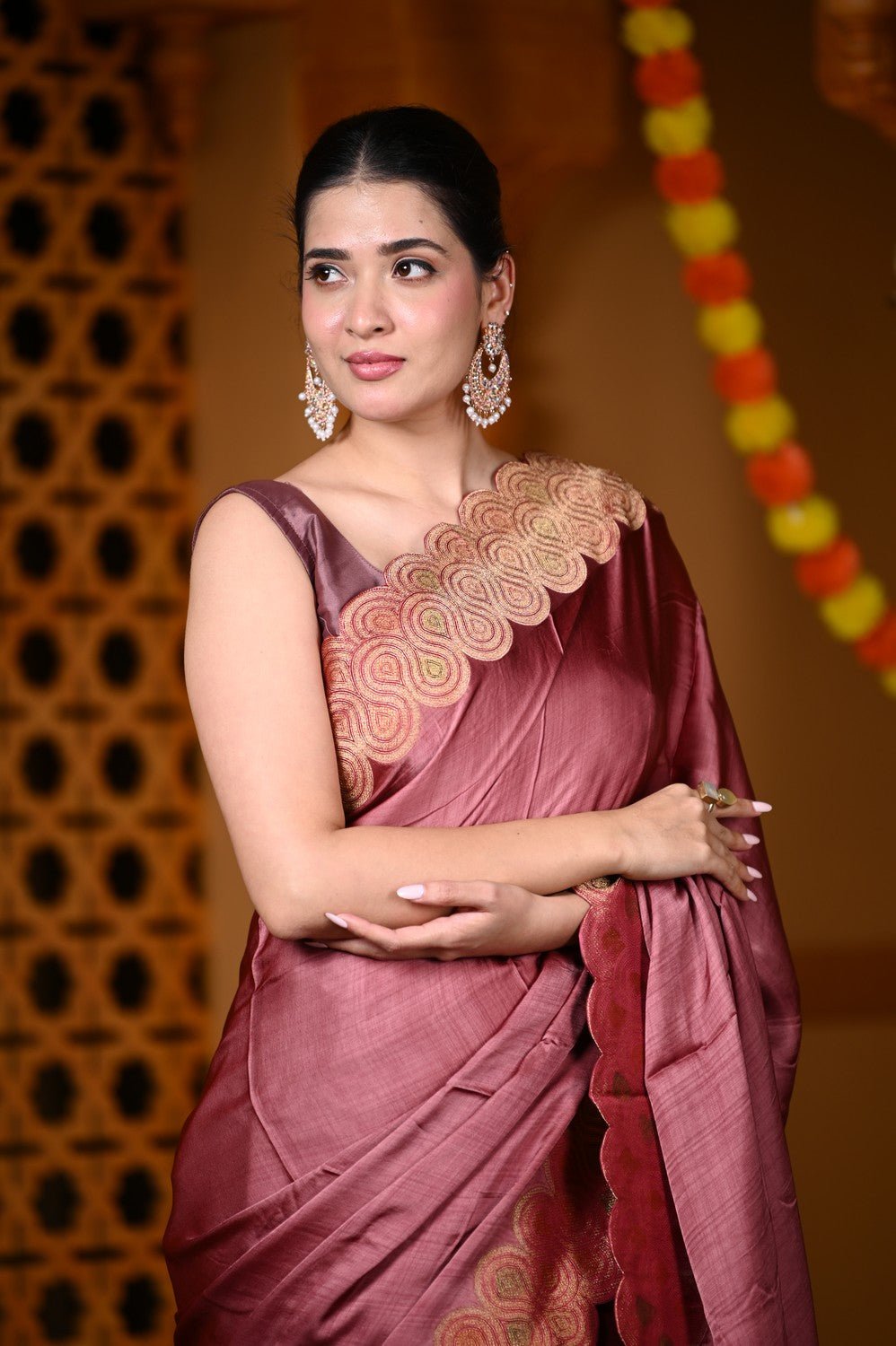 Durva Premium ~ Viscose Hand-dyed Rangkaath Saree with Cut Work Border in Metallic Copper - verymuchindian.com