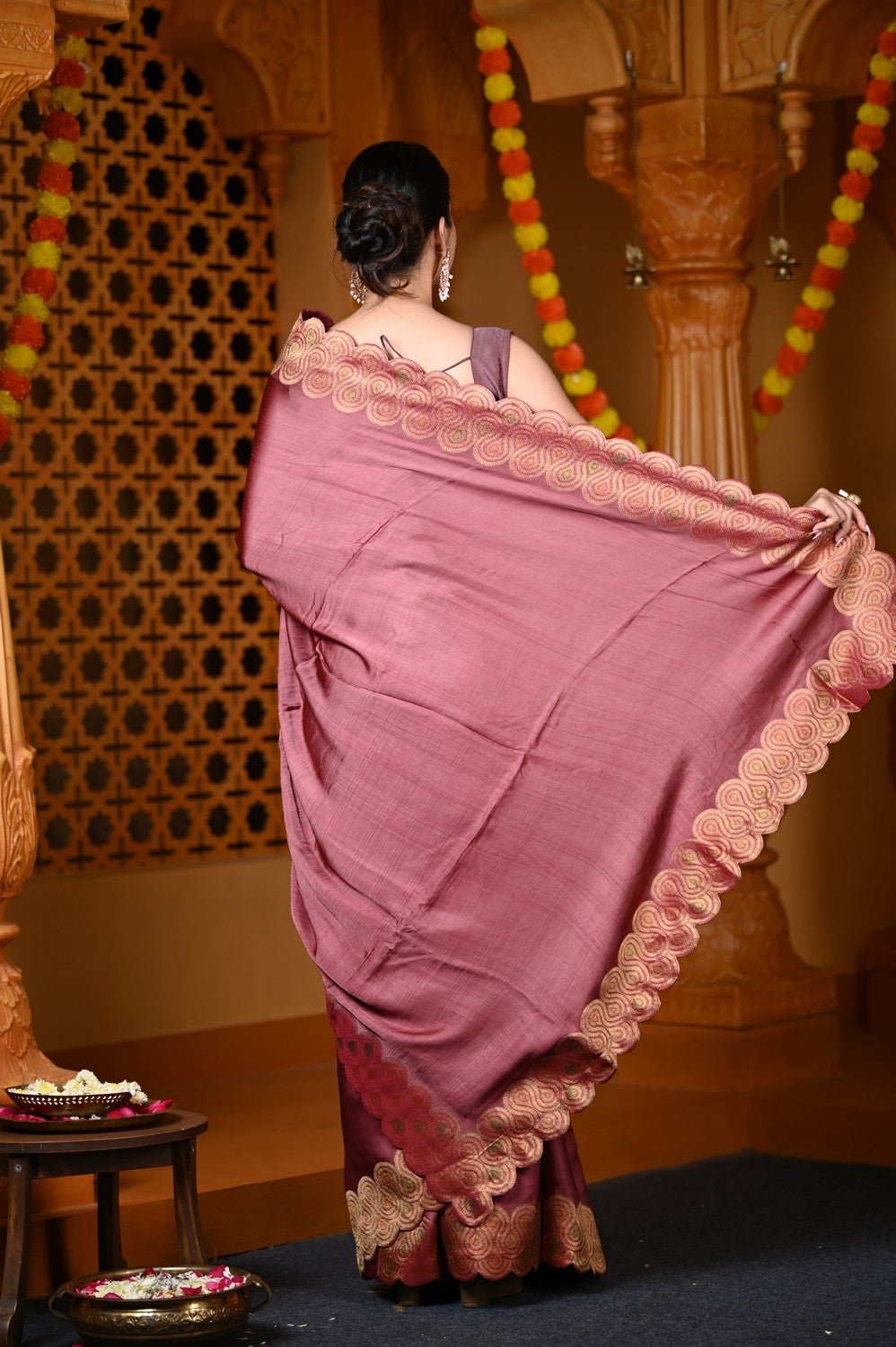 Durva Premium ~ Viscose Hand-dyed Rangkaath Saree with Cut Work Border in Metallic Copper - verymuchindian.com