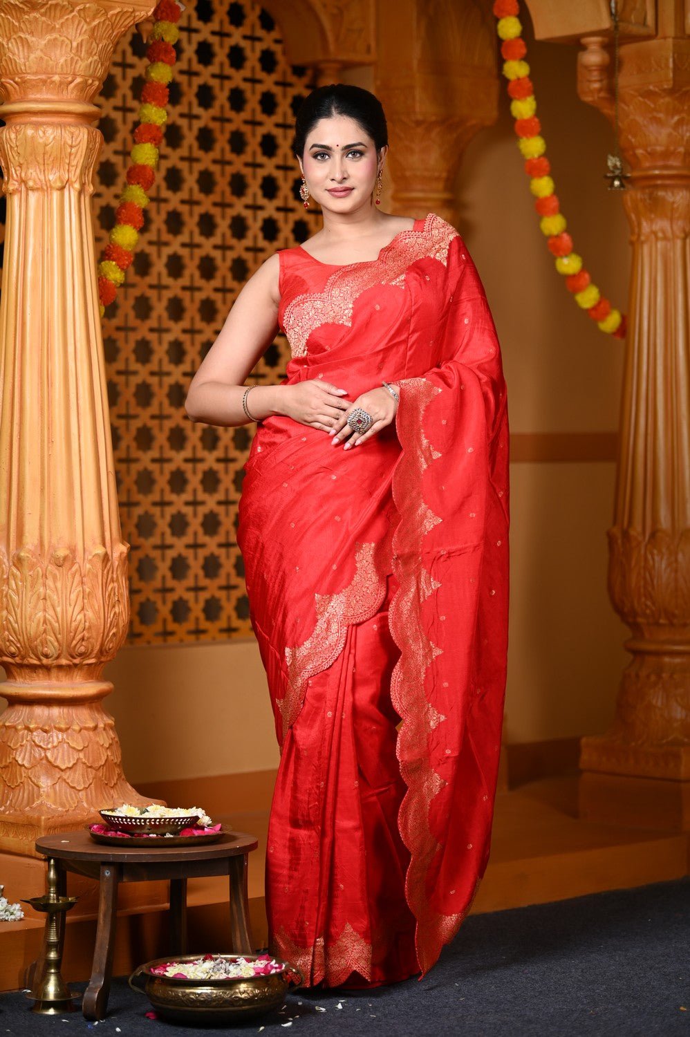 Durva Premium ~ Viscose Hand-dyed Rangkaath Saree with Cut Work Border in Rose Red - verymuchindian.com