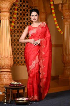 Durva Premium ~ Viscose Hand-dyed Rangkaath Saree with Cut Work Border in Rose Red - verymuchindian.com