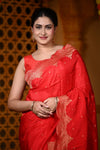 Durva Premium ~ Viscose Hand-dyed Rangkaath Saree with Cut Work Border in Rose Red - verymuchindian.com