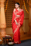 Durva Premium ~ Viscose Hand-dyed Rangkaath Saree with Cut Work Border in Rose Red - verymuchindian.com