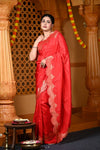 Durva Premium ~ Viscose Hand-dyed Rangkaath Saree with Cut Work Border in Rose Red - verymuchindian.com