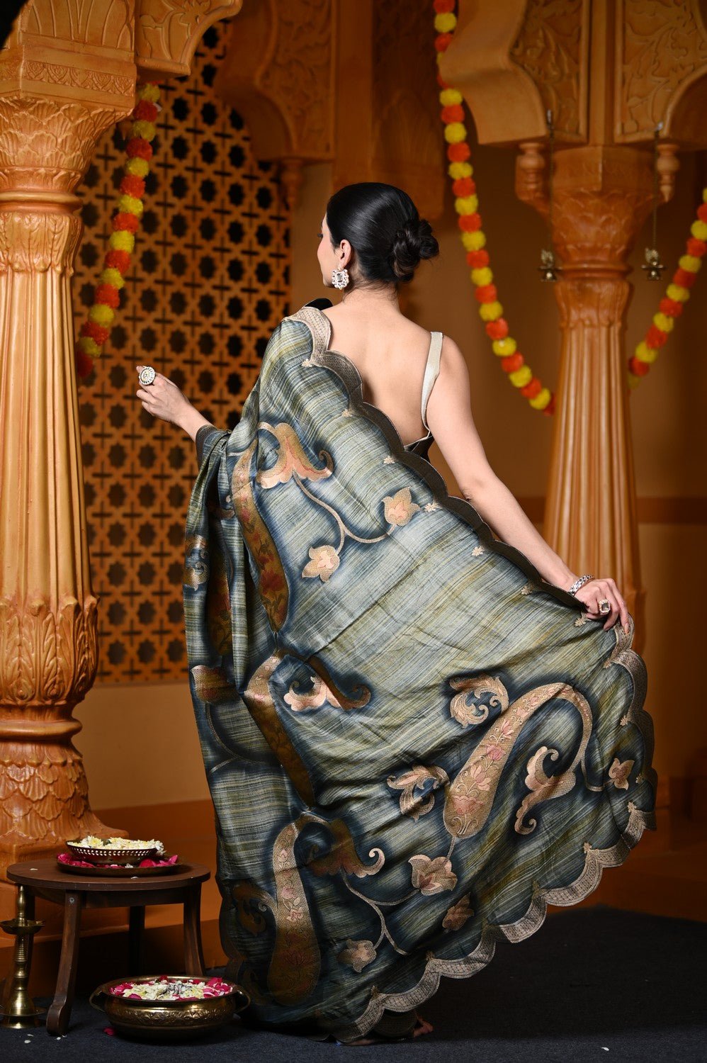 Durva Premium ~ Viscose Hand-dyed Rangkaath Saree with Cut Work Border in Shades of Grey and Gold - verymuchindian.com