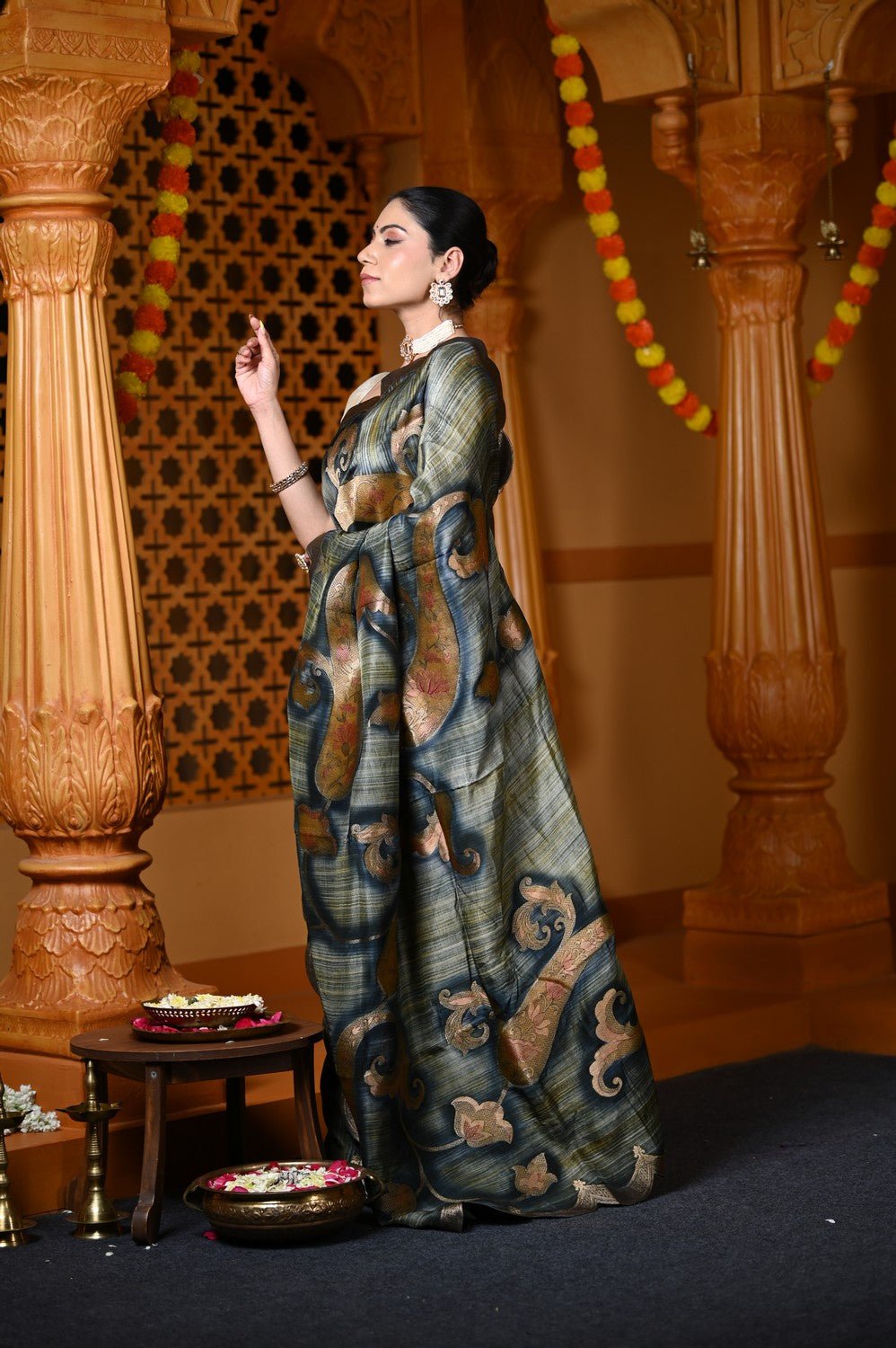 Durva Premium ~ Viscose Hand-dyed Rangkaath Saree with Cut Work Border in Shades of Grey and Gold - verymuchindian.com