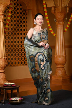 Durva Premium ~ Viscose Hand-dyed Rangkaath Saree with Cut Work Border in Shades of Grey and Gold - verymuchindian.com