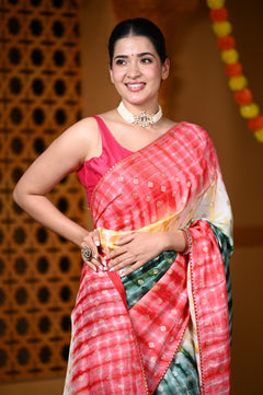 Durva Premium ~ Viscose Hand-dyed Saree in Monochrome Yellow Green Red - verymuchindian.com