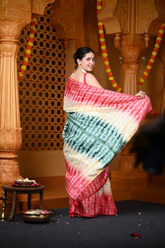 Durva Premium ~ Viscose Hand-dyed Saree in Monochrome Yellow Green Red - verymuchindian.com