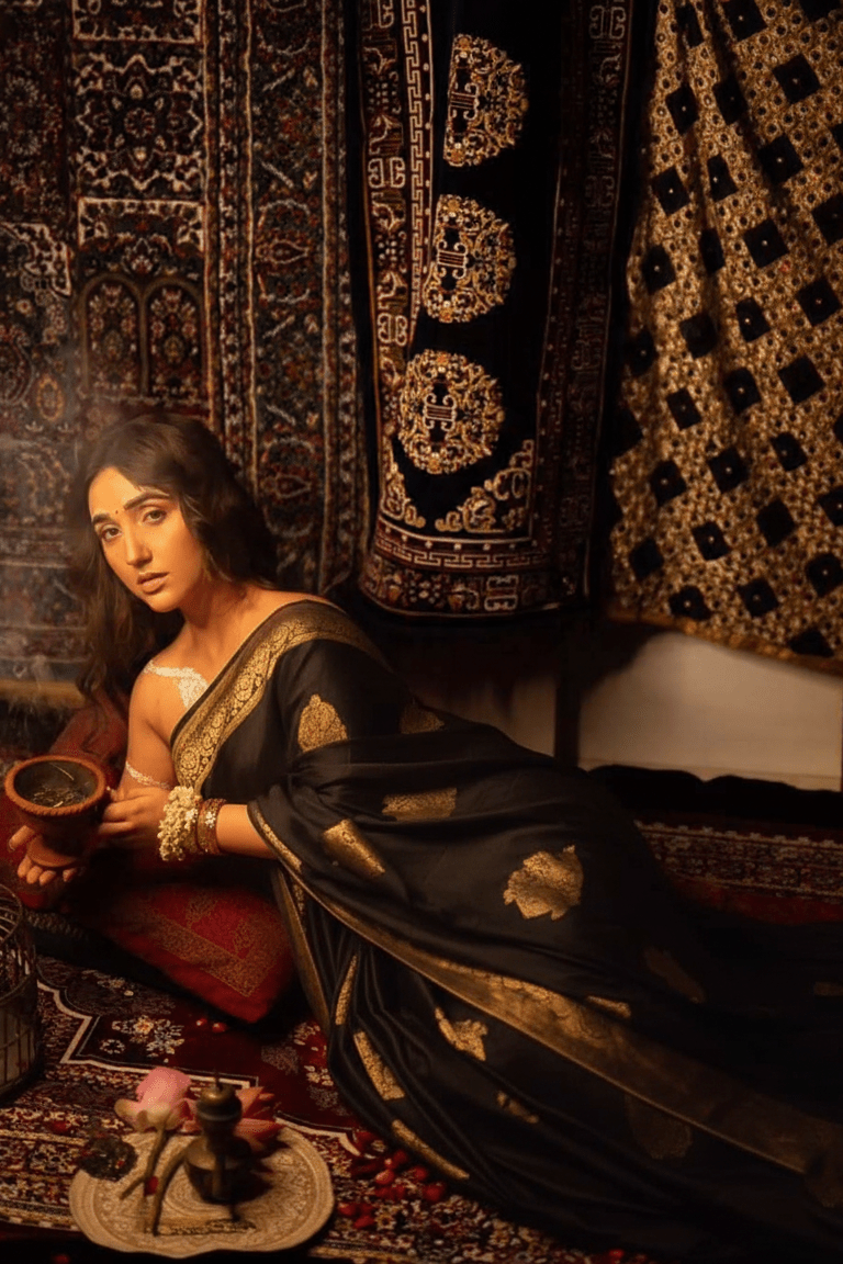 Durva Premium~ Viscose Satin Hand-dyed Rangkaath Saree in Black - verymuchindian.com