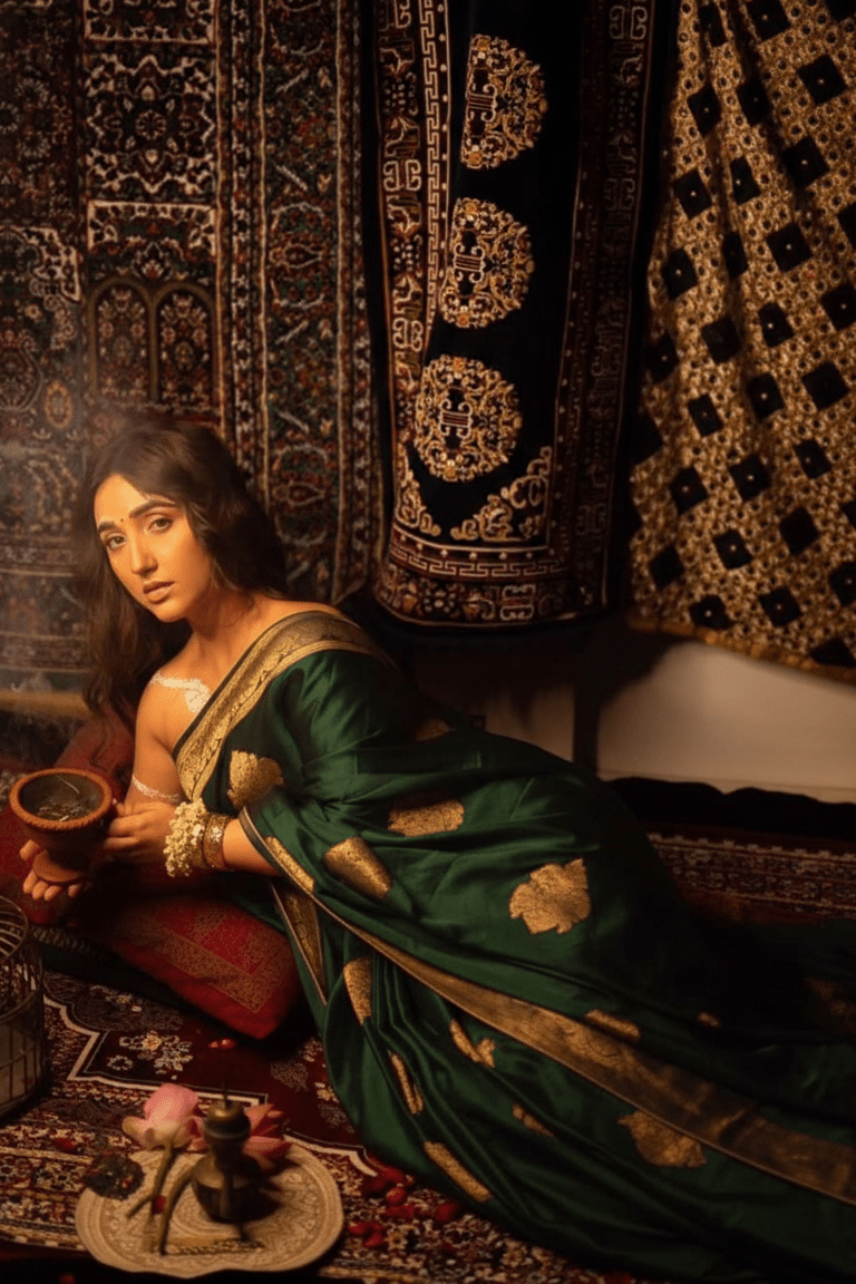 Durva Premium~ Viscose Satin Hand-dyed Rangkaath Saree in Bottle Green - verymuchindian.com