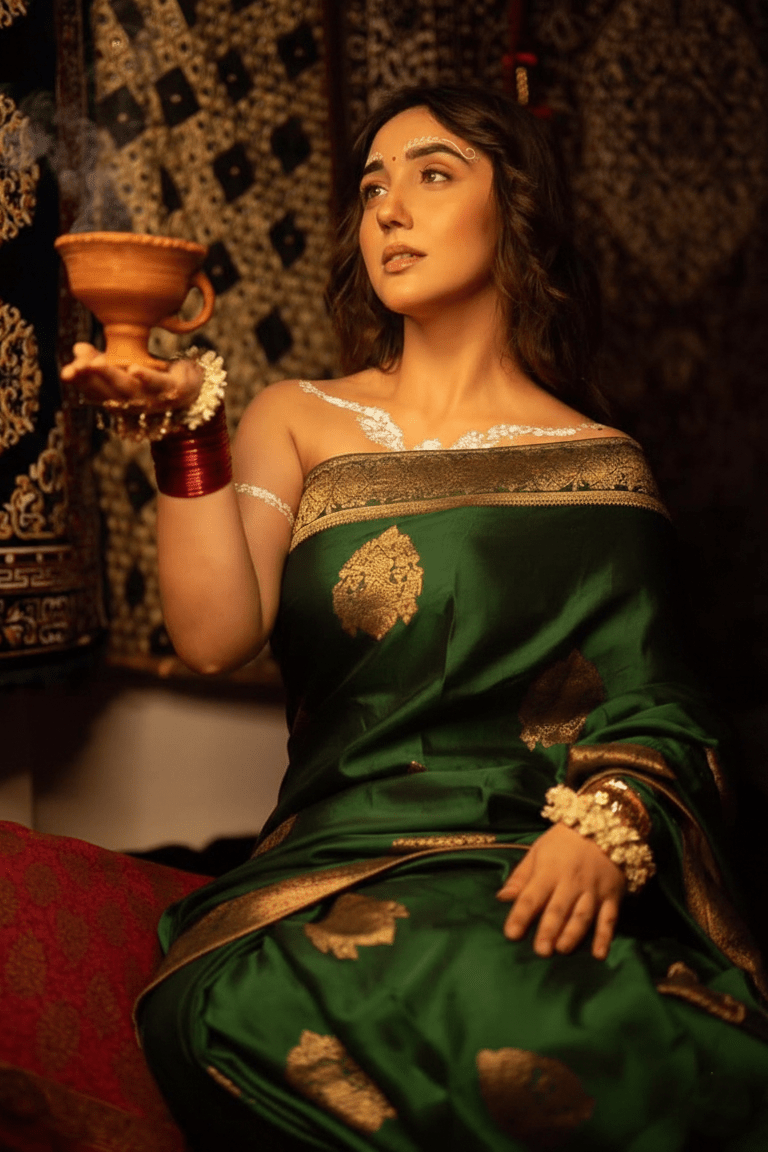 Durva Premium~ Viscose Satin Hand-dyed Rangkaath Saree in Bottle Green - verymuchindian.com