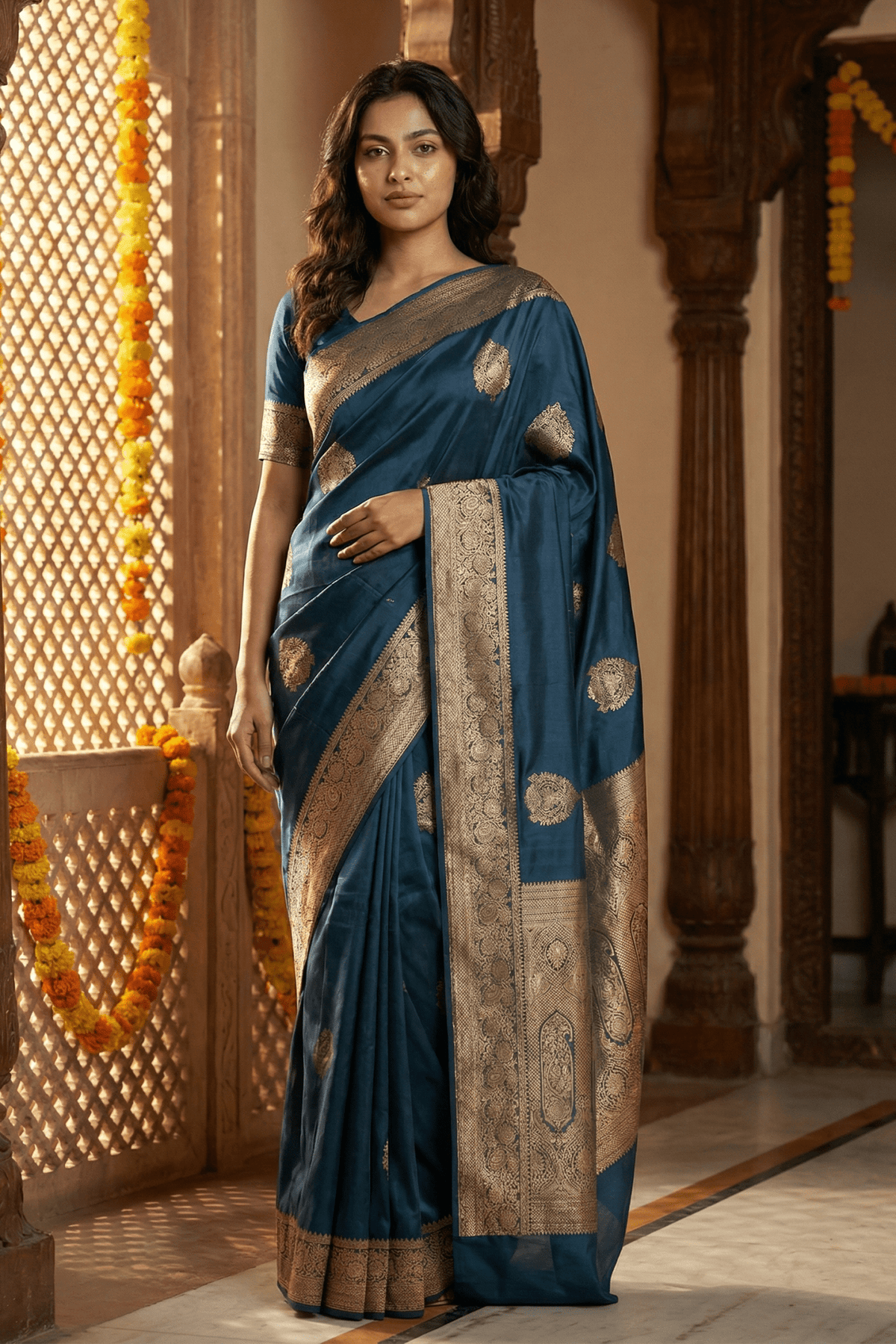 Durva Premium~ Viscose Satin Hand-dyed Rangkaath Saree in Teal Blue - verymuchindian.com