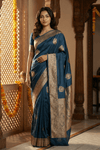Durva Premium~ Viscose Satin Hand-dyed Rangkaath Saree in Teal Blue - verymuchindian.com
