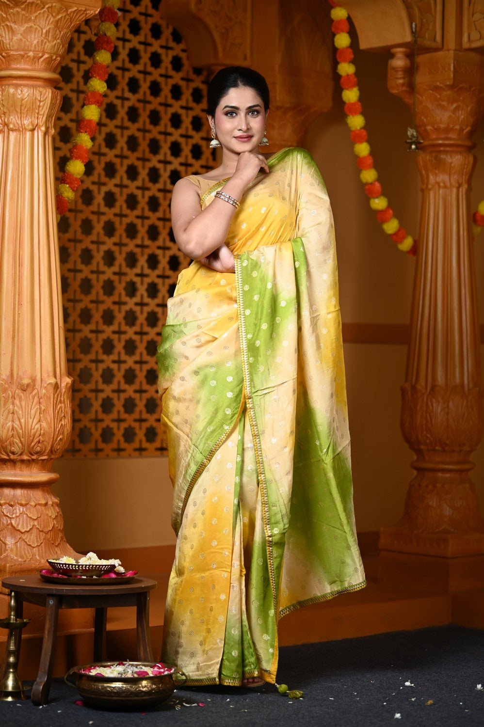 Durva Premium ~ Viscose Silk Hand-dyed Saree in Monochrome Yellow Green (Vegan Silk) - verymuchindian.com