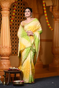 Durva Premium ~ Viscose Silk Hand-dyed Saree in Monochrome Yellow Green (Vegan Silk) - verymuchindian.com