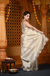 Durva Premium ~ Viscose Tissue Saree with Hand-Embroidered Gota Patti & Cut Work Border in Beige - verymuchindian.com