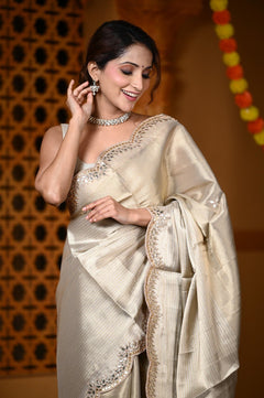 Durva Premium ~ Viscose Tissue Saree with Hand-Embroidered Gota Patti & Cut Work Border in Beige - verymuchindian.com