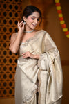 Durva Premium ~ Viscose Tissue Saree with Hand-Embroidered Gota Patti & Cut Work Border in Beige - verymuchindian.com