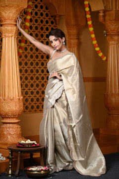 Durva Premium ~ Viscose Tissue Saree with Hand-Embroidered Gota Patti & Cut Work Border in Beige - verymuchindian.com