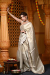 Durva Premium ~ Viscose Tissue Saree with Hand-Embroidered Gota Patti & Cut Work Border in Beige - verymuchindian.com