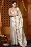 Durva Premium ~ Viscose Tissue Saree with Hand-Embroidered Gota Patti & Cut Work Border in Beige - verymuchindian.com