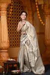 Durva Premium ~ Viscose Tissue Saree with Hand-Embroidered Gota Patti & Cut Work Border in Beige - verymuchindian.com
