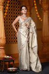 Durva Premium ~ Viscose Tissue Saree with Hand-Embroidered Gota Patti & Cut Work Border in Beige - verymuchindian.com
