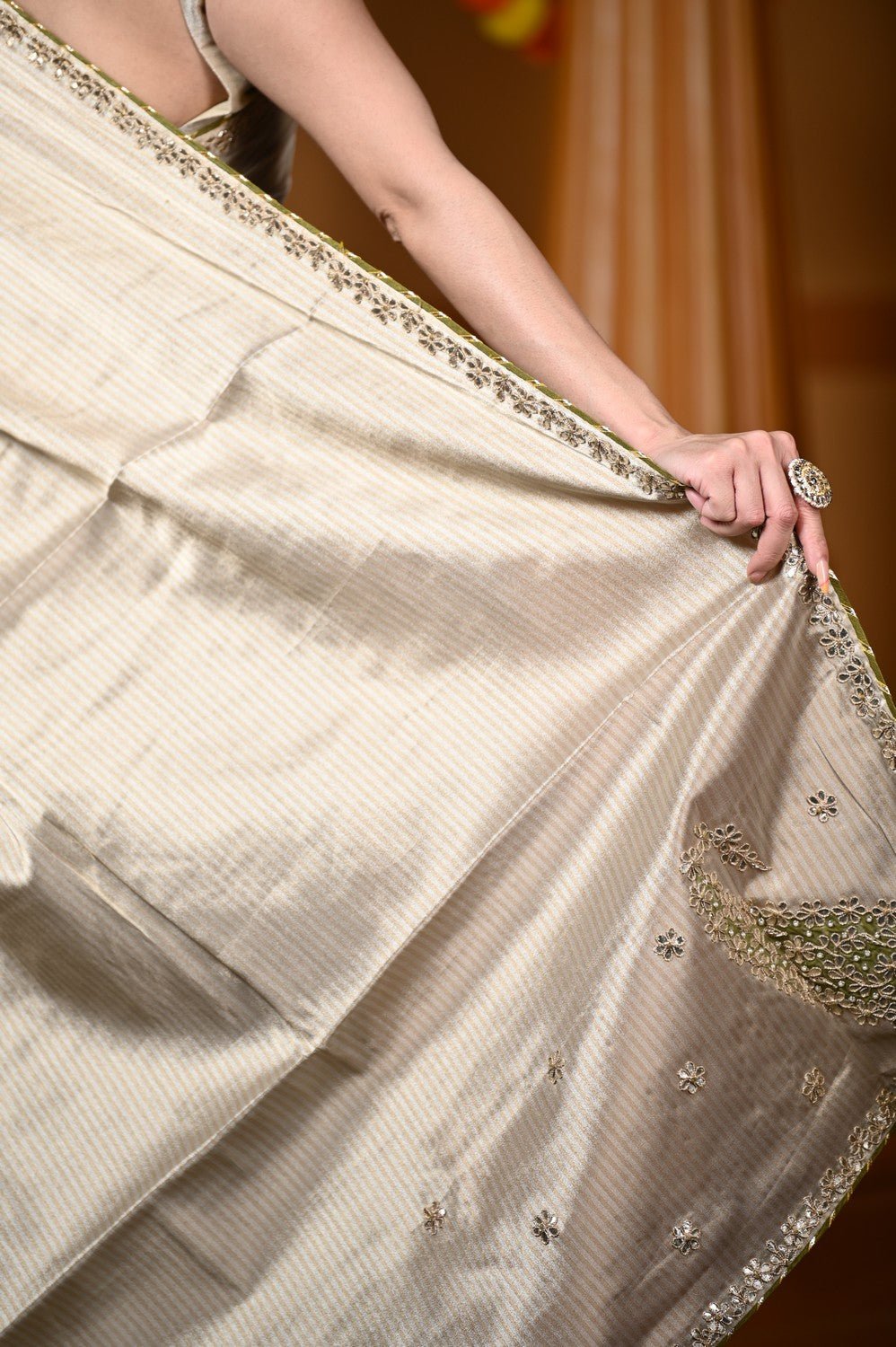 Durva Premium ~ Viscose Tissue Saree with Hand-Embroidered Gota Patti in Ivory - verymuchindian.com