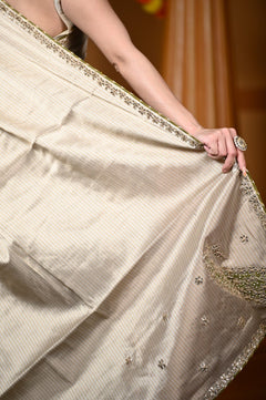Durva Premium ~ Viscose Tissue Saree with Hand-Embroidered Gota Patti in Ivory - verymuchindian.com