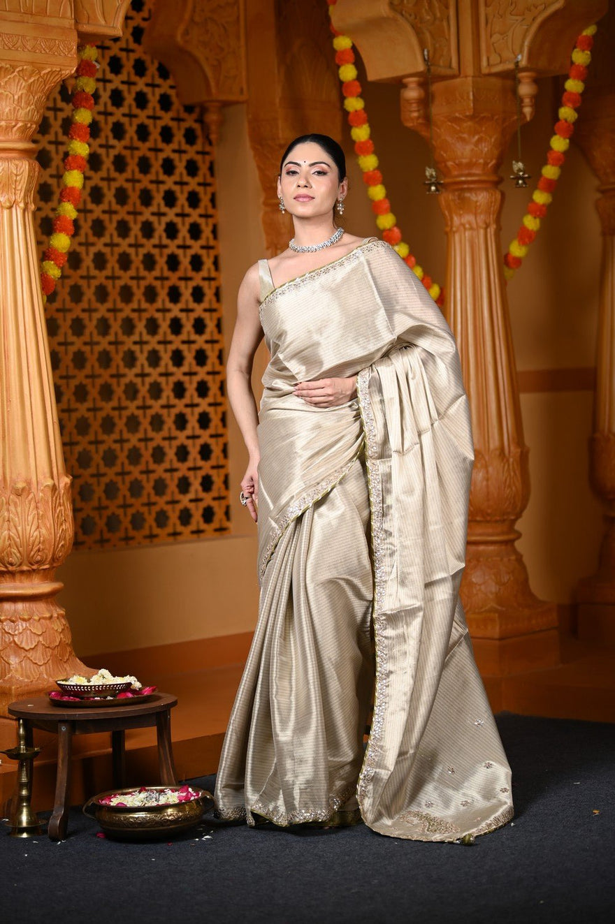 Durva Premium ~ Viscose Tissue Saree with Hand-Embroidered Gota Patti in Ivory - verymuchindian.com