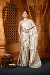 Durva Premium ~ Viscose Tissue Saree with Hand-Embroidered Gota Patti in Ivory - verymuchindian.com
