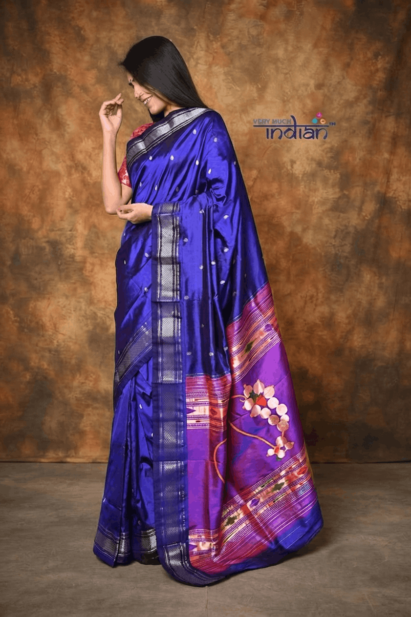 Exclusive Authentic Pure Silk Handloom Paithani - Royal Blue with Nath Pallu - verymuchindian.com