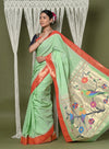EXCLUSIVE! Handloom Pure Cotton Muniya Border Paithani in Pista Green With Zari Parrot pallu - verymuchindian.com