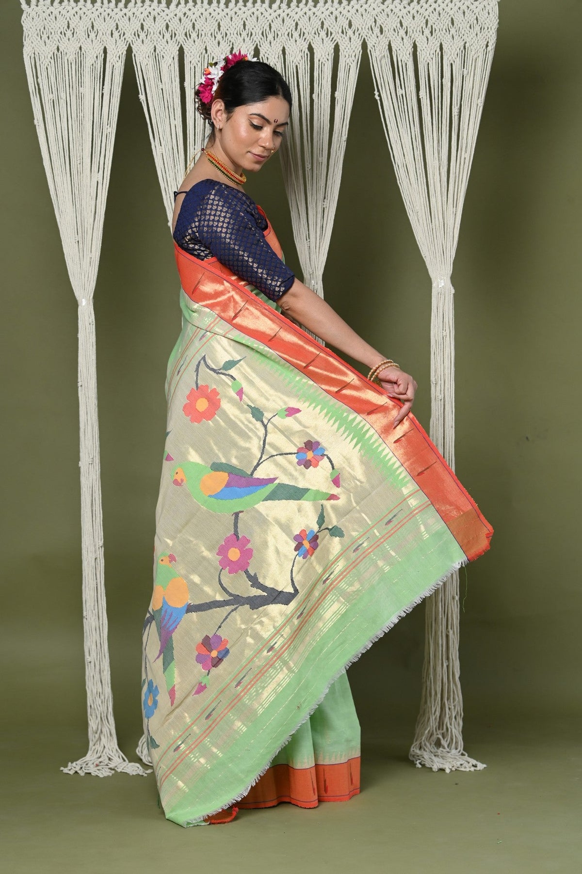 EXCLUSIVE! Handloom Pure Cotton Muniya Border Paithani in Pista Green With Zari Parrot pallu - verymuchindian.com