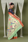 EXCLUSIVE! Handloom Pure Cotton Muniya Border Paithani in Pista Green With Zari Parrot pallu - verymuchindian.com