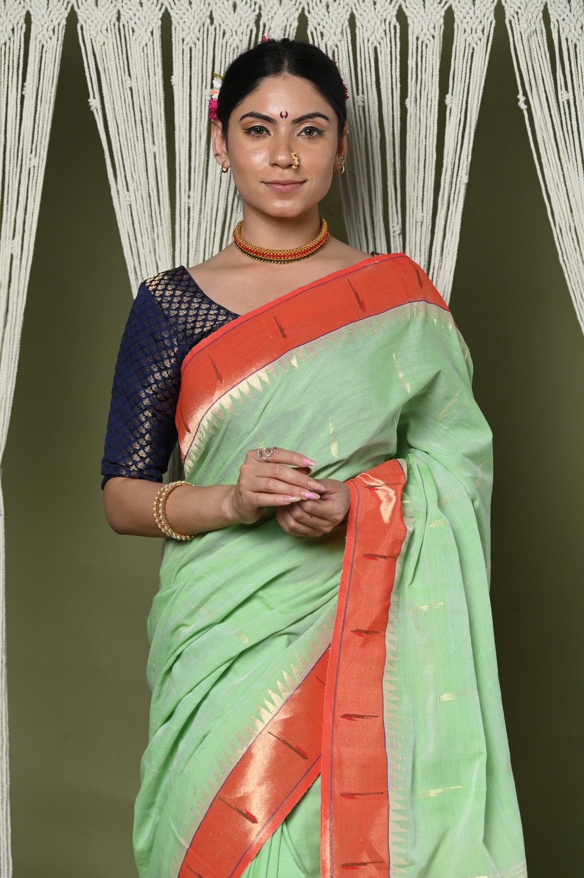 EXCLUSIVE! Handloom Pure Cotton Muniya Border Paithani in Pista Green With Zari Parrot pallu - verymuchindian.com