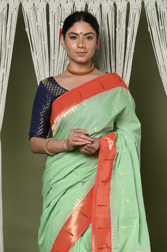 EXCLUSIVE! Handloom Pure Cotton Muniya Border Paithani in Pista Green With Zari Parrot pallu - verymuchindian.com