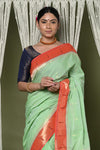 EXCLUSIVE! Handloom Pure Cotton Muniya Border Paithani in Pista Green With Zari Parrot pallu - verymuchindian.com
