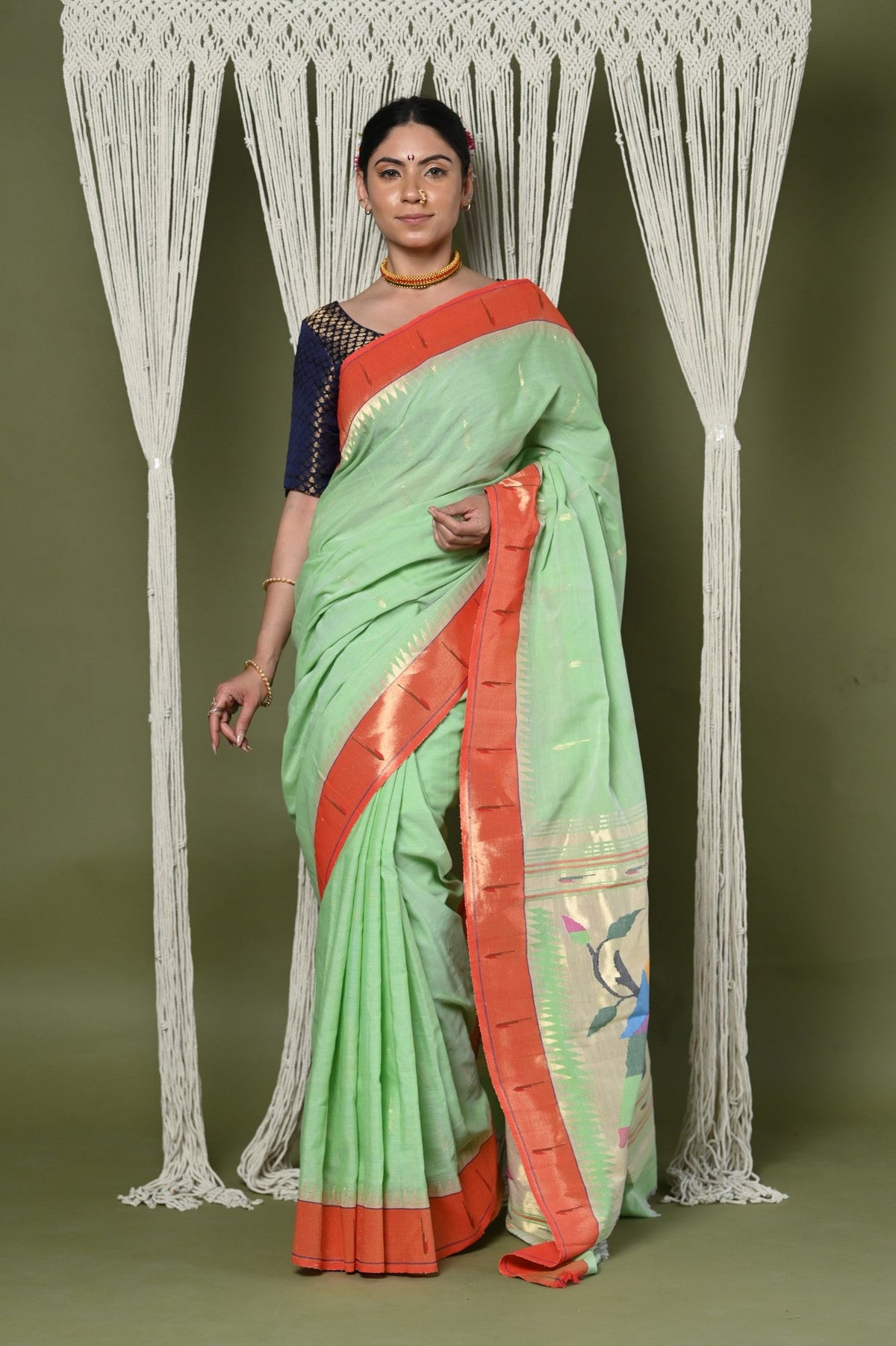 EXCLUSIVE! Handloom Pure Cotton Muniya Border Paithani in Pista Green With Zari Parrot pallu - verymuchindian.com