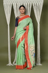 EXCLUSIVE! Handloom Pure Cotton Muniya Border Paithani in Pista Green With Zari Parrot pallu - verymuchindian.com