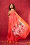 Exclusive! Handloom Pure Cotton Paithani in Most Traditional Pink with Pichwai Pallu - verymuchindian.com