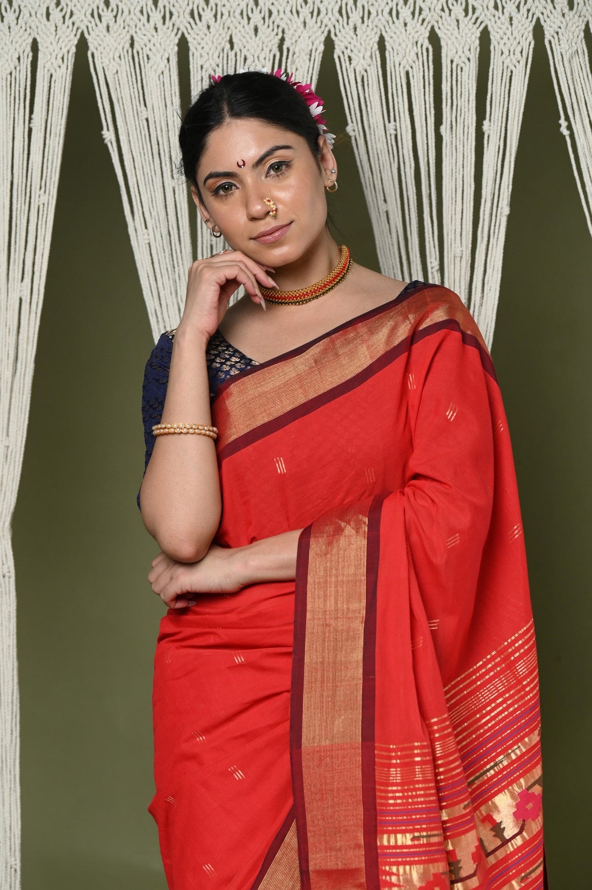 EXCLUSIVE! Handloom Pure Cotton Paithani With Asawali Pallu~ Bright Red - verymuchindian.com